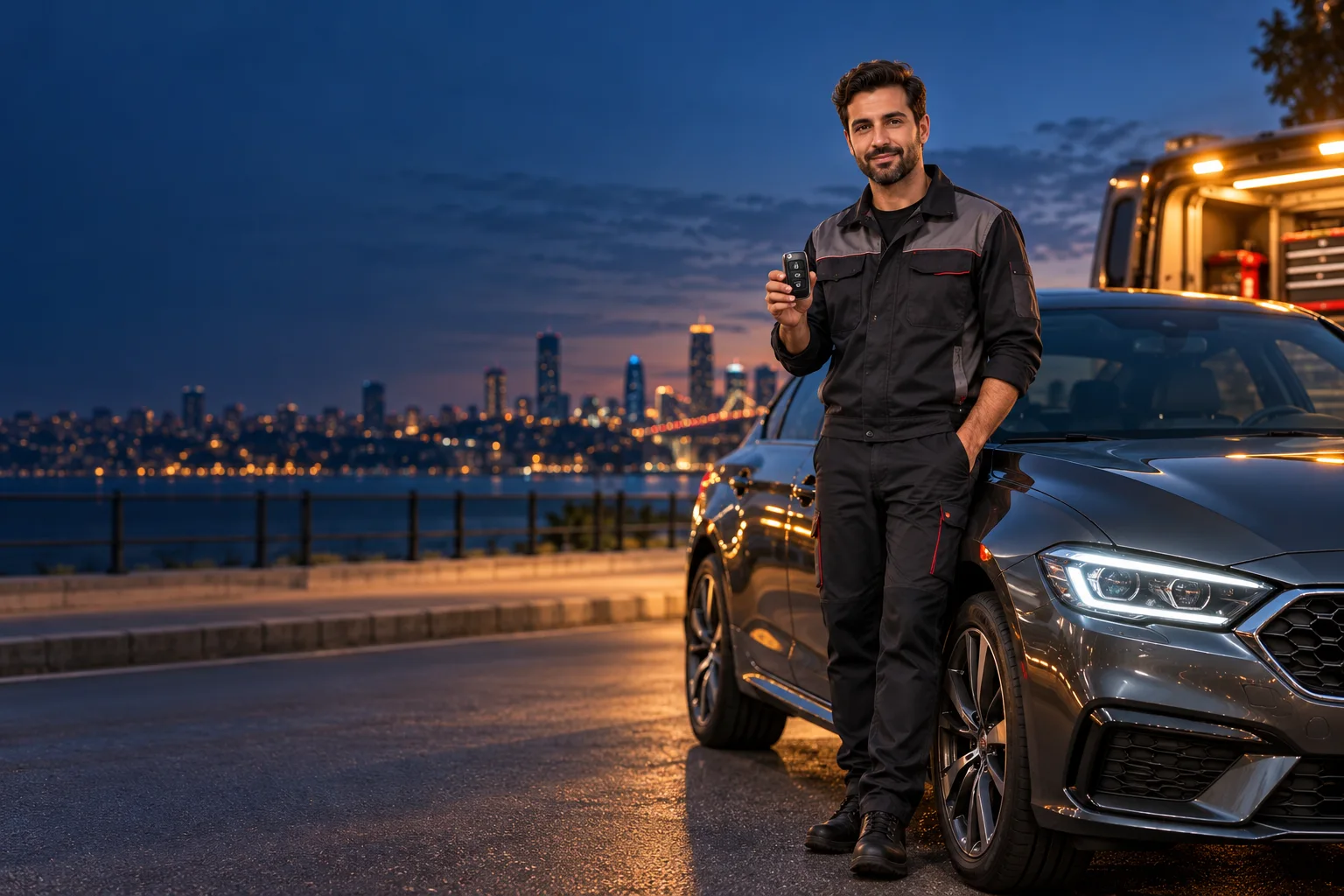 Aracı yanında profesyonel oto anahtar teknisyeni